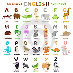 A large alphabet with cute cartoon animals to teach children. Educational illustration for preschool learning of the