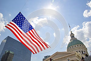 St Louis, Missouri, United States-circa 2014-Large American Flag Flying in the Wind in Front of the Old Courthouse Downtown