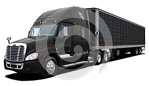 Large American modern truck Freightliner Cascadia completely black.