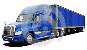 Large American modern truck Freightliner Cascadia completely blue.