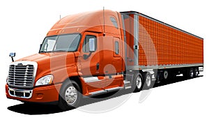 Large American modern truck Freightliner Cascadia completely orange.