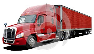 Large American modern truck Freightliner Cascadia completely red.