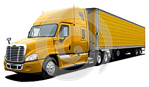 Large American modern truck Freightliner Cascadia completely yellow.