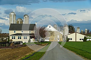 A large Amish farm with corn silos near Strasburg, Pennsylvania, U.S