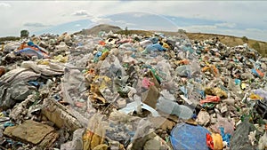 A large amount of garbage in the city dump. bird`s-eye view.