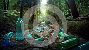 Large amount of plastic trash dumped on the mountain. AI generated