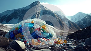 Large amount of plastic trash dumped on the mountain. AI generated