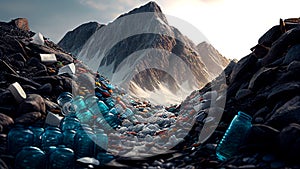 Large amount of plastic trash dumped on the mountain. AI generated