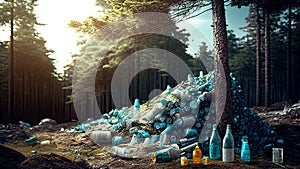 Large amount of plastic trash dumped on the mountain. AI generated