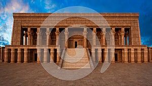 Large ancient Egyptian style temple or tomb built of sandstone with grand staircase to the entrance. 3D rendering