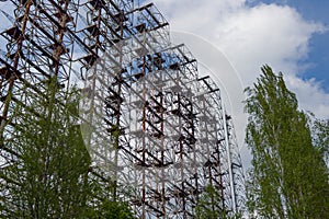 Large antenna field. Soviet radar system Duga at Chernobyl nuclear power plant. ABM missile defense. Antenna field, over-the-