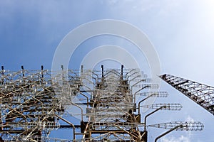 Large antenna field. Soviet radar system Duga at Chernobyl nuclear power plant. ABM missile defense. Antenna field, over-the-