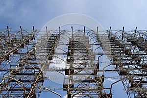 Large antenna field. Soviet radar system Duga at Chernobyl nuclear power plant. ABM missile defense. Antenna field, over-the-