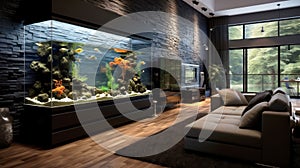 Large aquarium inside modern house, luxury living room interior, dark design. Lounge of contemporary villa or mansion. Concept of