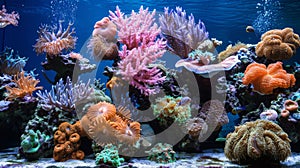 A large aquarium with many different types of corals and fish, AI