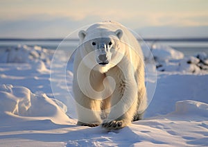 Large arctic polar bear walking in in snow on cold day.Macro.AI Generative