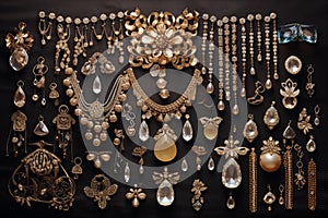 Large arrangement of shimmering jewelry on velvet backdrop. Generative AI