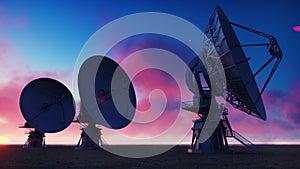 Large Array Radio Telescope. Time-lapse of a radio telescope in desert at sunrise. 3D Rendering