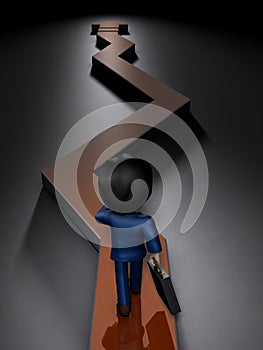 A large arrow that moves forward while turning left and right in a dim space. The back view of a business person standing on the