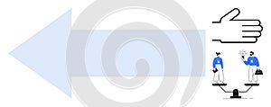 Blue arrow pointing left with balanced scales illustrating collaboration and teamwork concepts