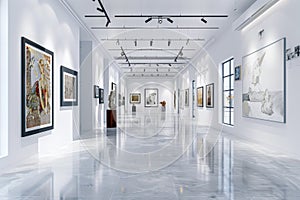 A large art museum room with many paintings on the walls with Generative AI