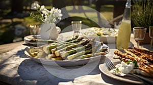 large asparagus on serving platter in the garden