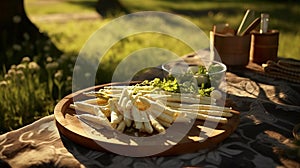 large asparagus on serving platter in the garden