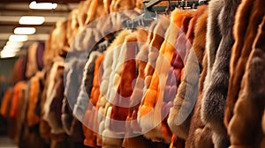 a large assortment of fur coats in a row on a hanger in the store.