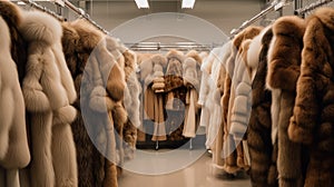 a large assortment of fur coats in a row on a hanger in the store.