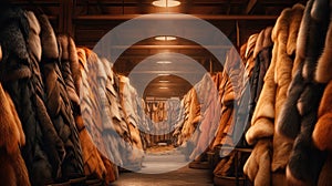 a large assortment of fur coats in a row on a hanger in the store.