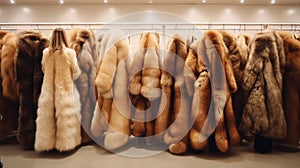 a large assortment of fur coats in a row on a hanger in the store.