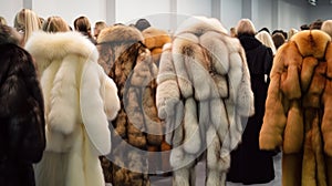 a large assortment of fur coats in a row on a hanger in the store.