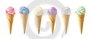 Large assortment of ice cream cones isolated on a white background