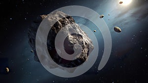 A large asteroid flying in outer space with small fragments threat of an asteroid impact