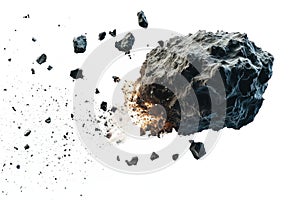 Large asteroid in the process of exploding, small parts flying off