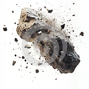 Large asteroid in the process of exploding, small parts flying off