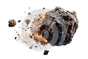 Large asteroid in the process of exploding, small parts flying off