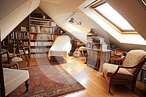 large attic room with comfortable reading chair and bookshelf full of novels