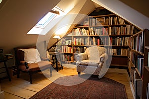 large attic room with comfortable reading chair and bookshelf full of novels