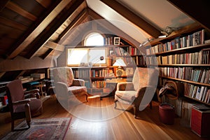 large attic room with comfortable reading chair and bookshelf full of novels
