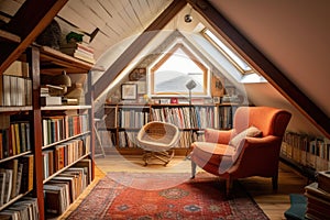 large attic room with comfortable reading chair and bookshelf full of novels