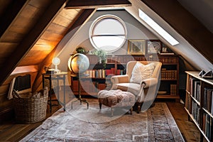 large attic room with plush carpet, vintage armchair, and lamp for cozy reading nook