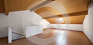 Large attic with wooden floors and exposed beams