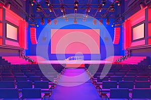 A large auditorium with a blue and red stage and a large screen with Generative AI