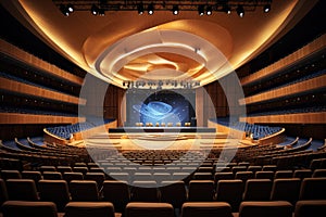 A large auditorium filled with rows of seats, ready to accommodate a large crowd, International business conference in a large