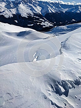 large avalanche crack edge. gliding snow avalanches. avalanche in winter. Davos