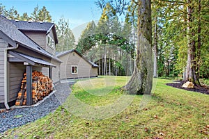 Large back yard with grass.