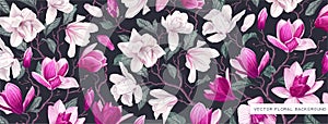 Large background for social networks with spring flowers of white and pink magnolias.