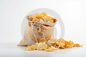 large bag of potato chips on white background