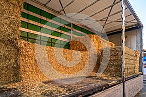 Large bales of straw and hay on truck